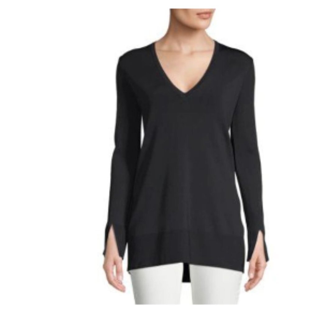 Theory Britona Lustrate Oversized Sweater Womens Medium Black V-Neck Long Sleeve